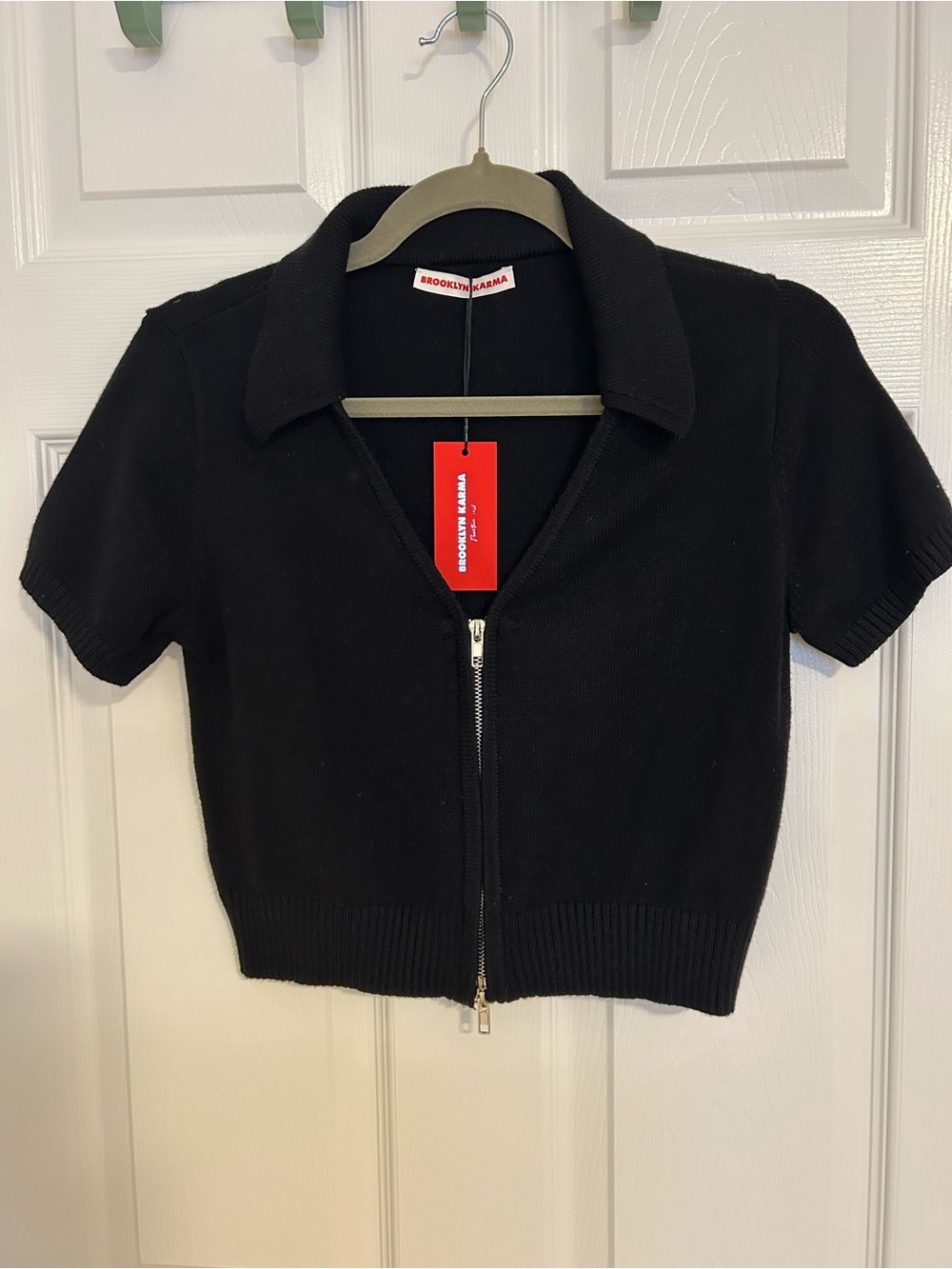 Black Short-Sleeve Zip-Front Knit Sweater